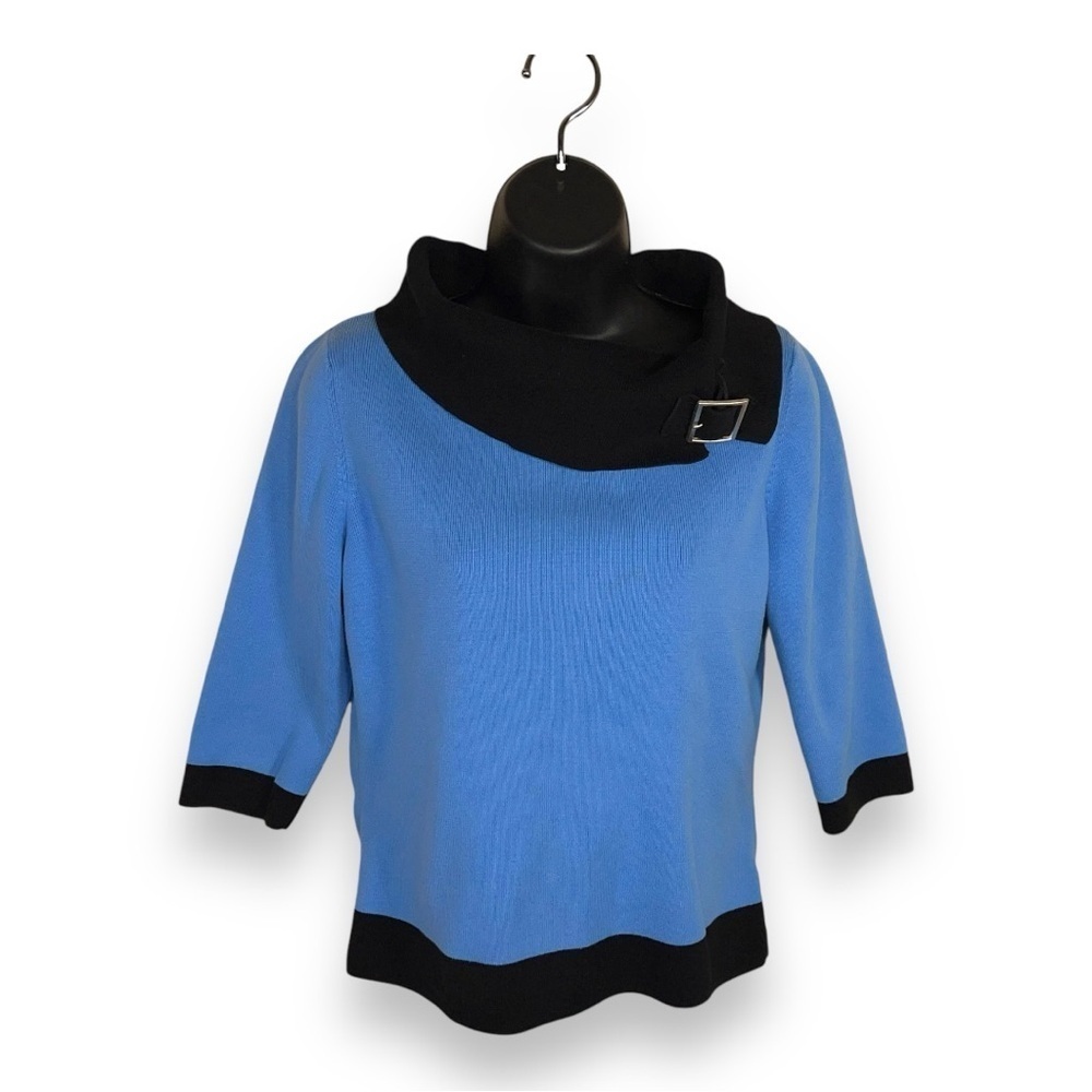 MEDIUM VINTAGE BLUE BLACK COWL NECK KNIT TOP STRETCH 3/4 SLEEVE RETRO